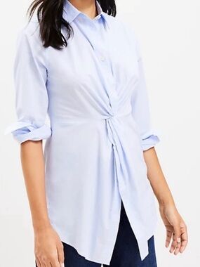 LOFT Pale Blue Twist-Front Button-Down Shirt
